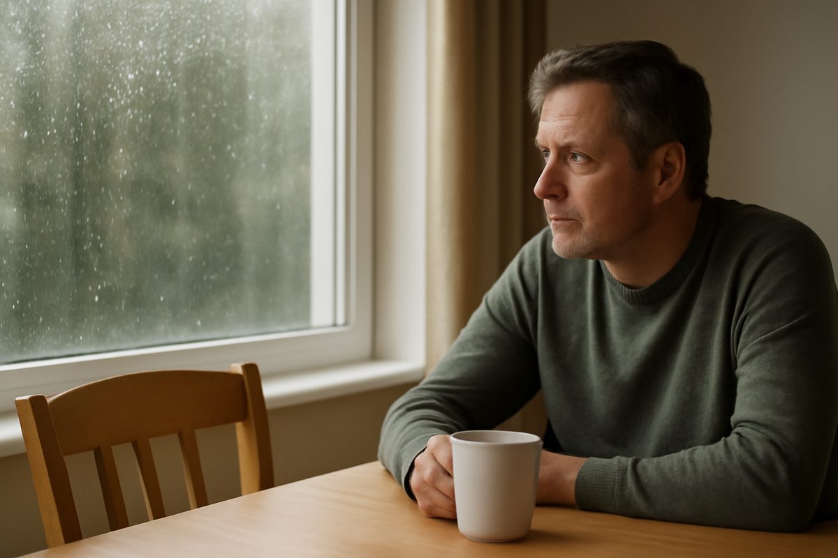 Man sitting alone at a kitchen table with a cup of tea, looking out of a rain-covered window