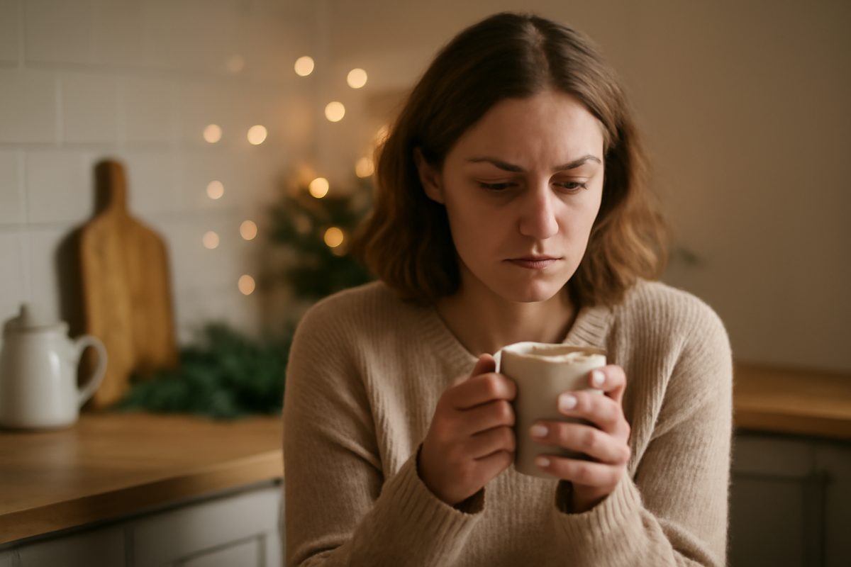 Woman pausing with a warm drink in a kitchen decorated with Christmas lights