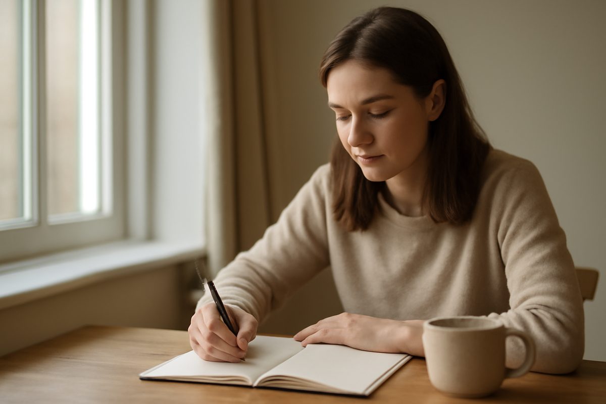 Woman calmly writing in a journal at a desk by a window in morning light