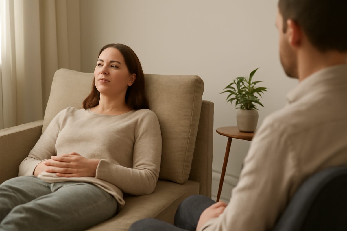 Client reclining with eyes closed during a relaxed hypnotherapy session