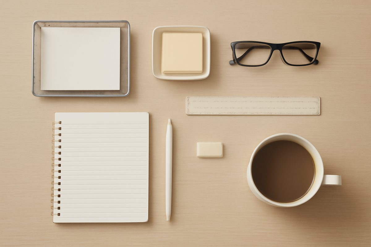 Stationery and everyday objects arranged in perfectly precise rows on a desk