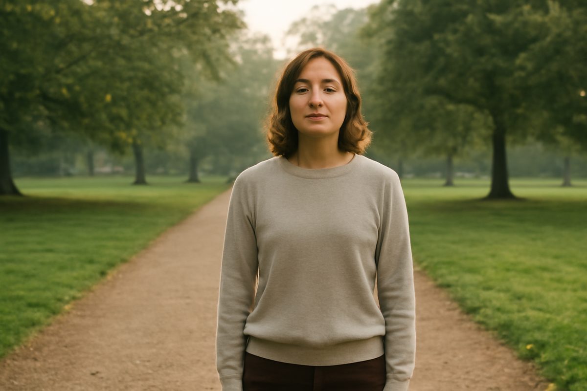 Person standing calmly on a tree-lined park path, taking a slow breath
