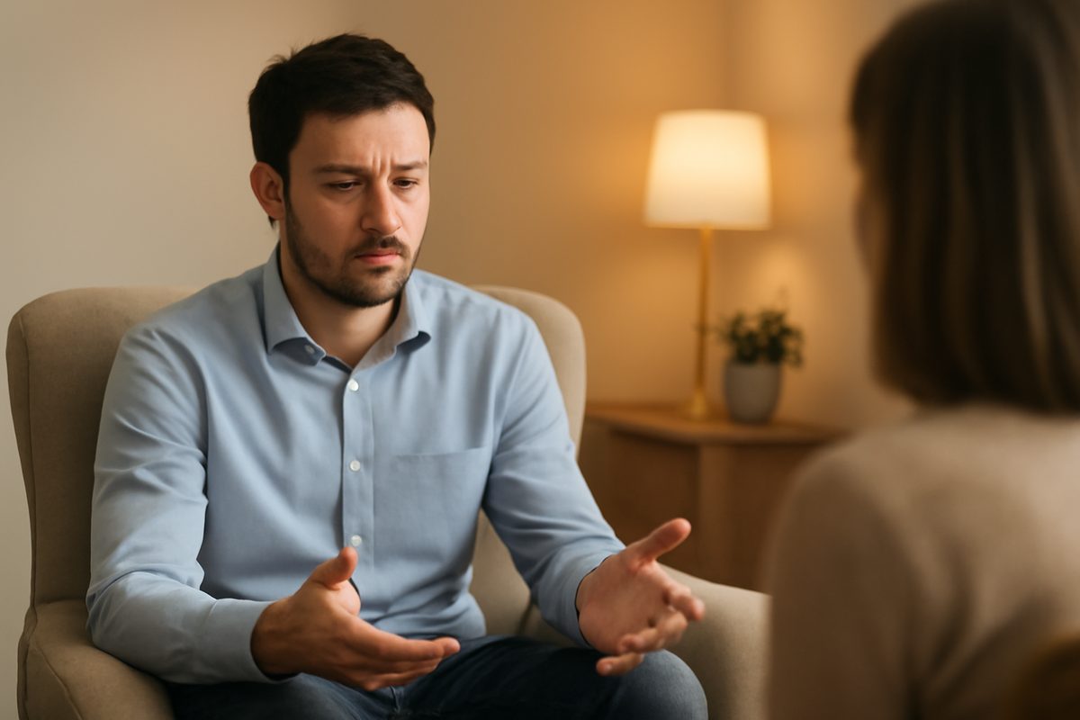 Man talking through work stress with a therapist in a calm counselling room